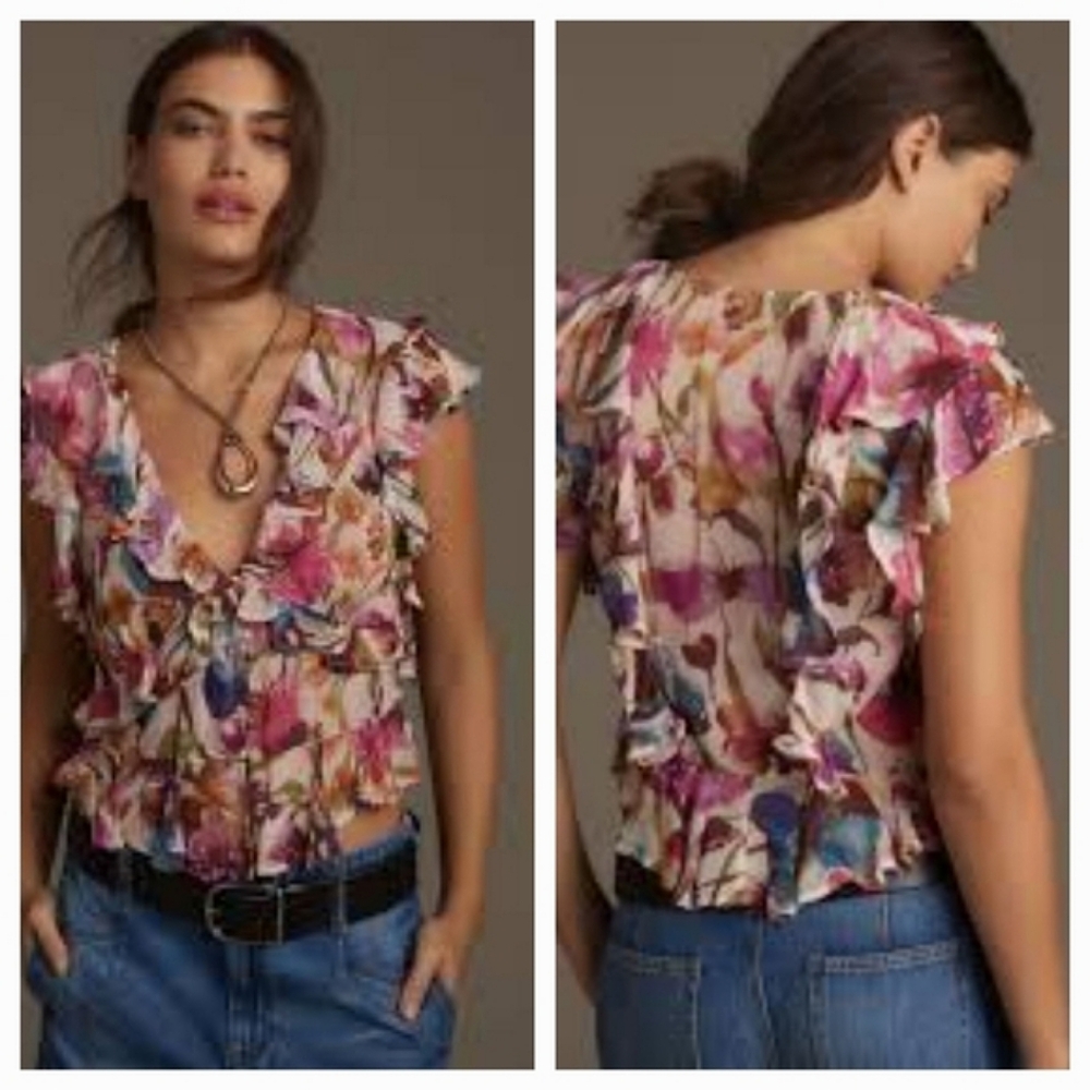 Floral Ruffle V-Neck Blouse - Pink Multi
